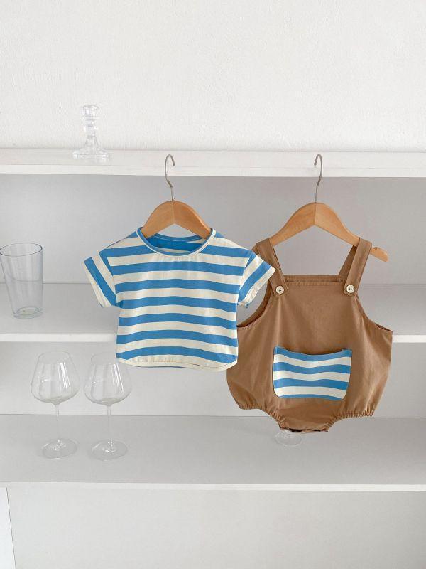 橫條紋口袋吊帶套裝 