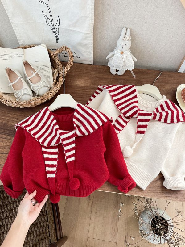 紅白糖果翻領披肩針織衣 