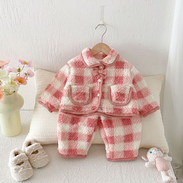 美美粉格口袋加絨套裝 