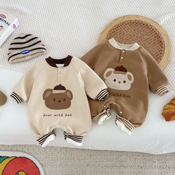 栗子帽小熊加厚連身衣 