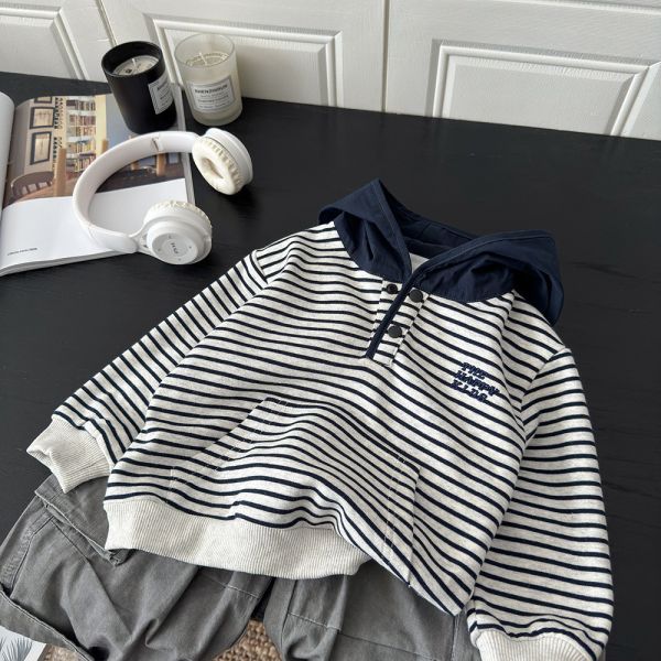 美式條紋拼色連帽上衣 