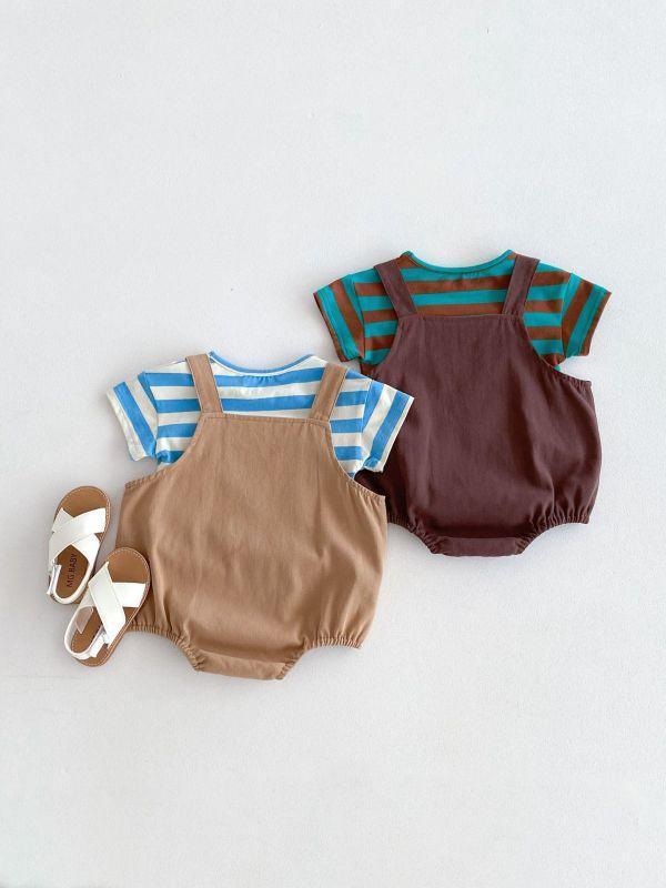 橫條紋口袋吊帶套裝 