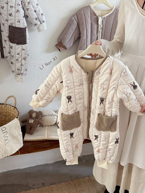 大地色動物雙口袋連身衣 