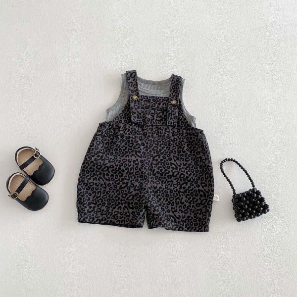 灰色黑豹紋吊帶褲套裝 