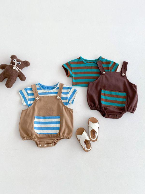 橫條紋口袋吊帶套裝 