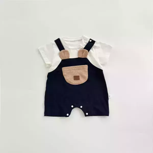 小熊耳口袋拼接連身衣 