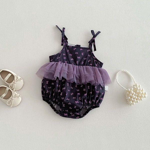 紫色網紗蝴蝶結綁帶包屁 