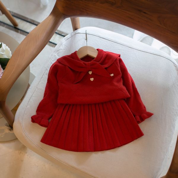 小小姐蝴蝶領針織百褶套裝 