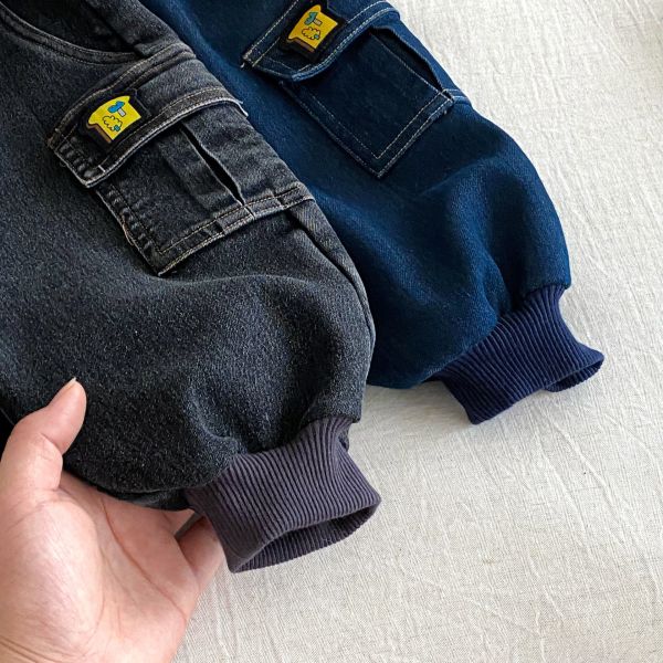 保暖款小口袋牛仔工裝褲 