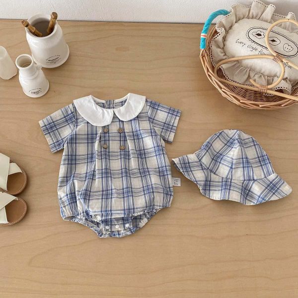 復古格子短袖薄款包屁｜附帽 