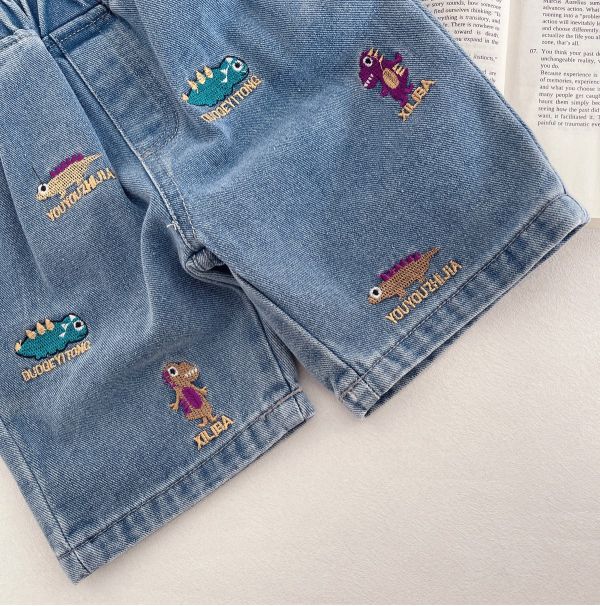 小恐龍刺繡口袋牛件短褲 