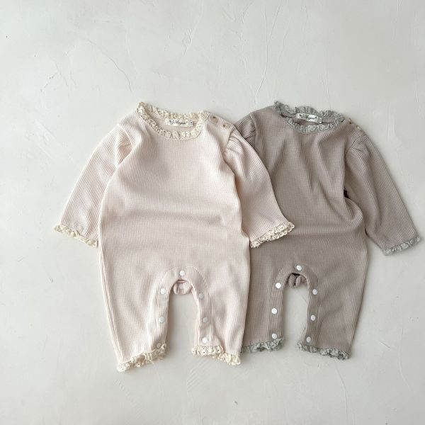花邊袖！素色螺紋排扣爬服 