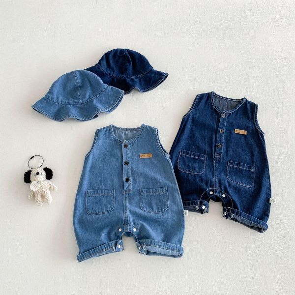 藍色牛仔系雙口袋連身衣｜附帽 