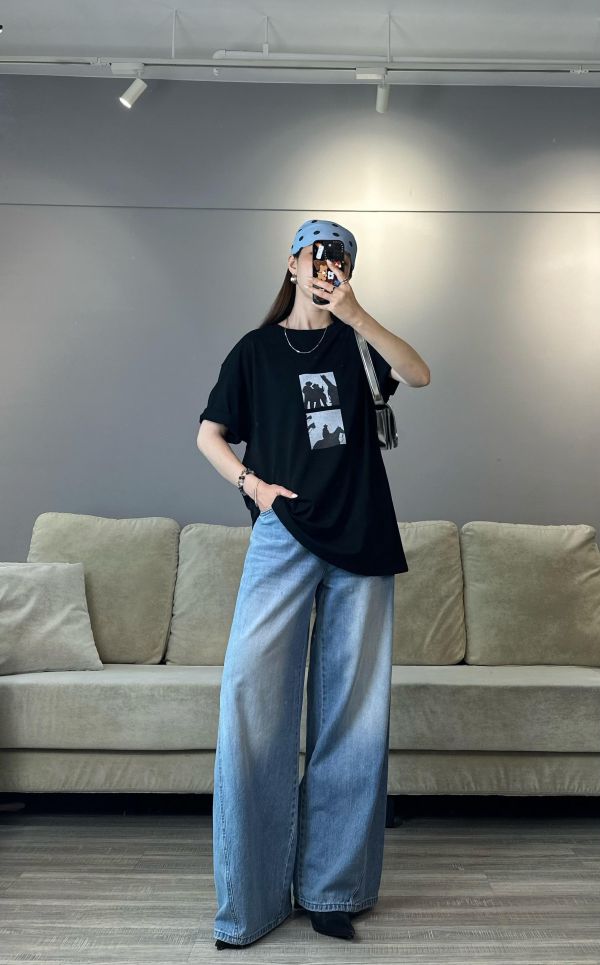 JP15 闆娘最愛 版型刷色完美斜壓線長腿牛仔褲(S/M) 