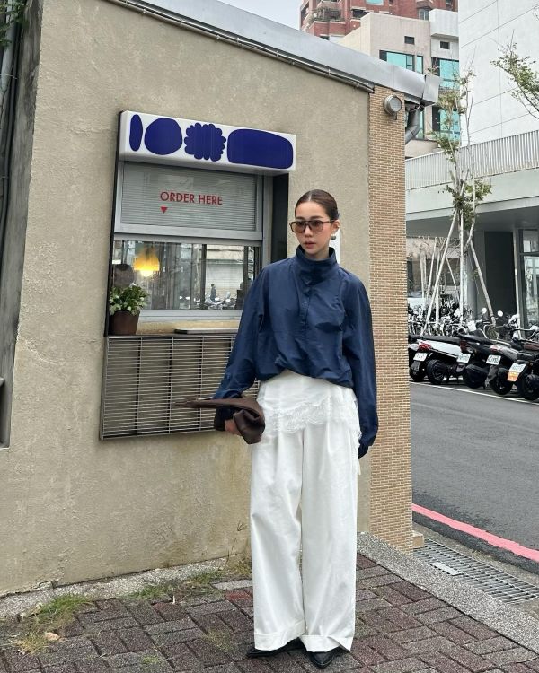 H14 鬆弛時髦 歐美兩穿純色滑布衫(藍) 