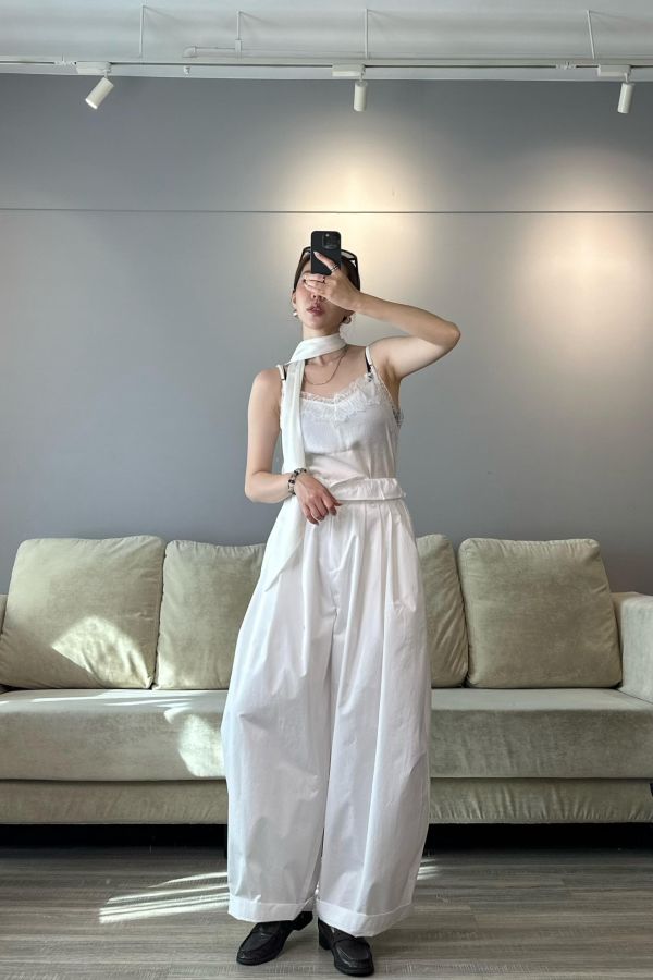 J19 繫帶細肩蕾絲背set(白) 