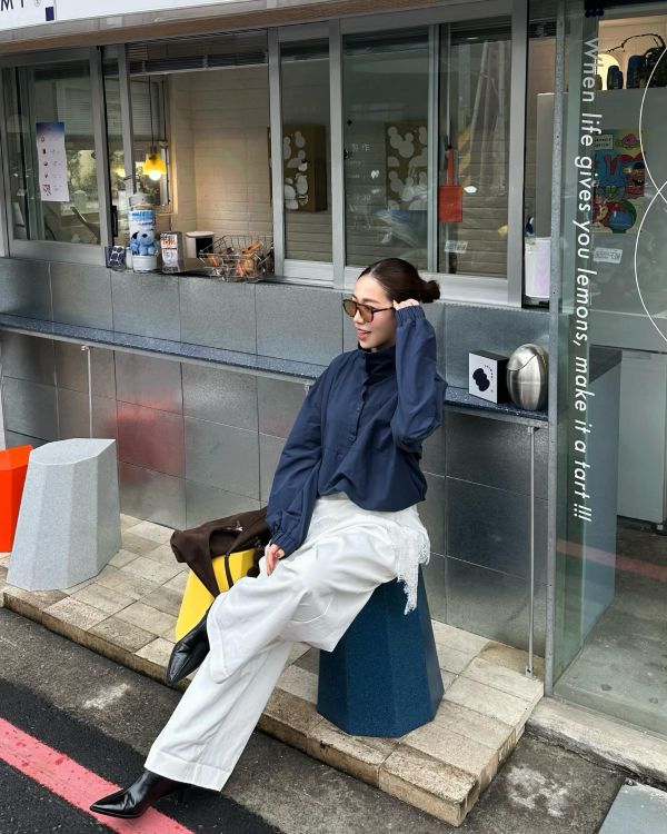 H14 鬆弛時髦 歐美兩穿純色滑布衫(藍) 