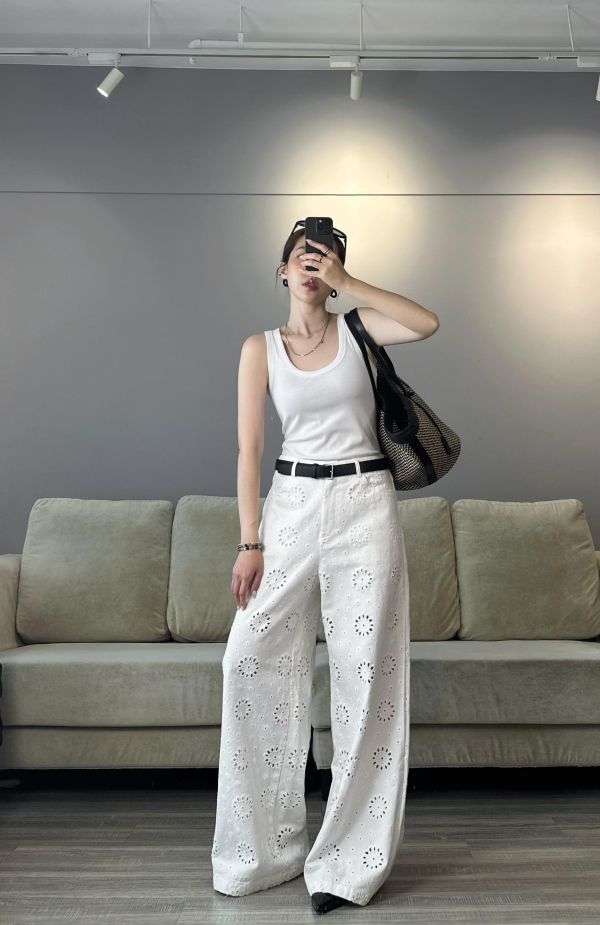 JP14 細緻時髦 簍空蕾絲白牛仔褲(附內裡，S/M) 