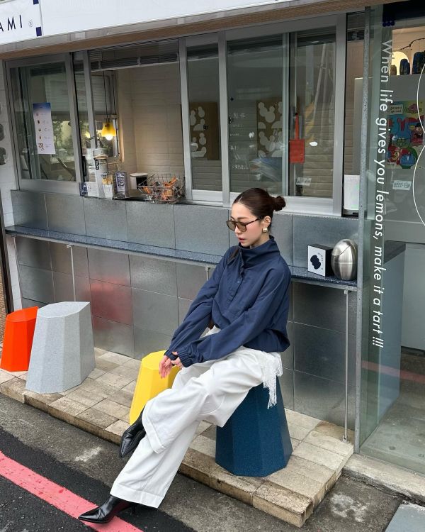 H14 鬆弛時髦 歐美兩穿純色滑布衫(藍) 