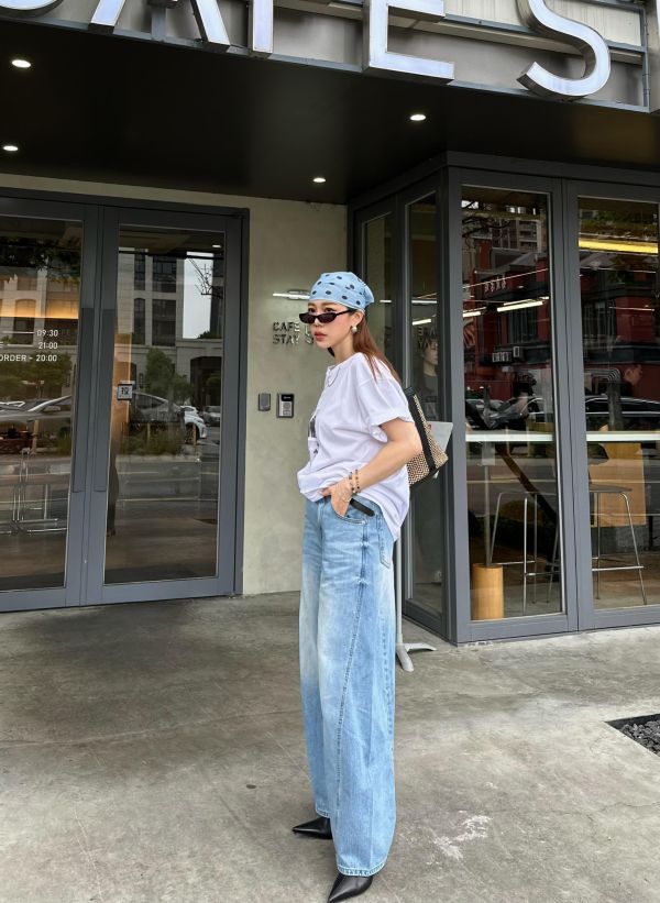 JP15 闆娘最愛 版型刷色完美斜壓線長腿牛仔褲(S/M) 