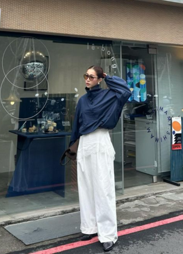 H14 鬆弛時髦 歐美兩穿純色滑布衫(藍) 