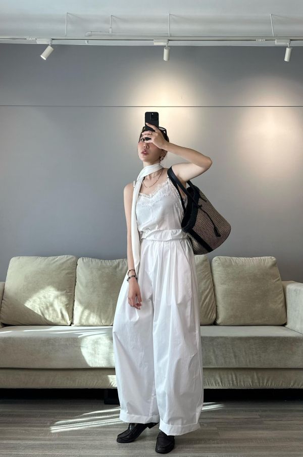 J19 繫帶細肩蕾絲背set(白) 