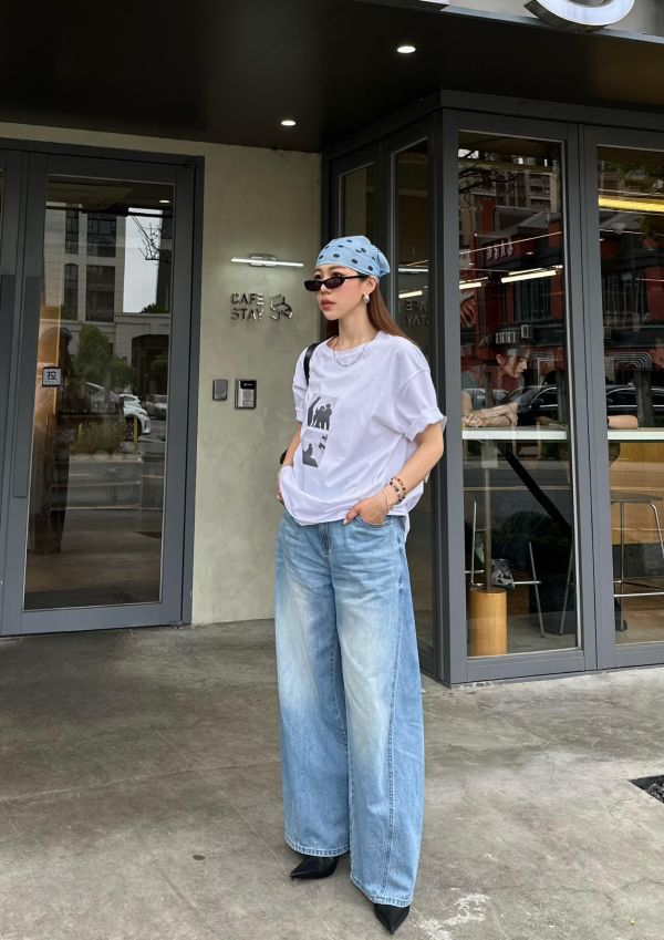 JP15 闆娘最愛 版型刷色完美斜壓線長腿牛仔褲(S/M) 