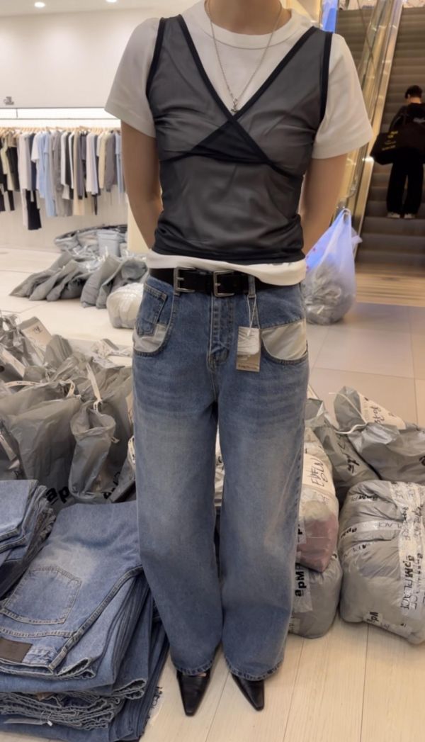 J03 小時髦 口袋拼接牛仔褲(S/M) 