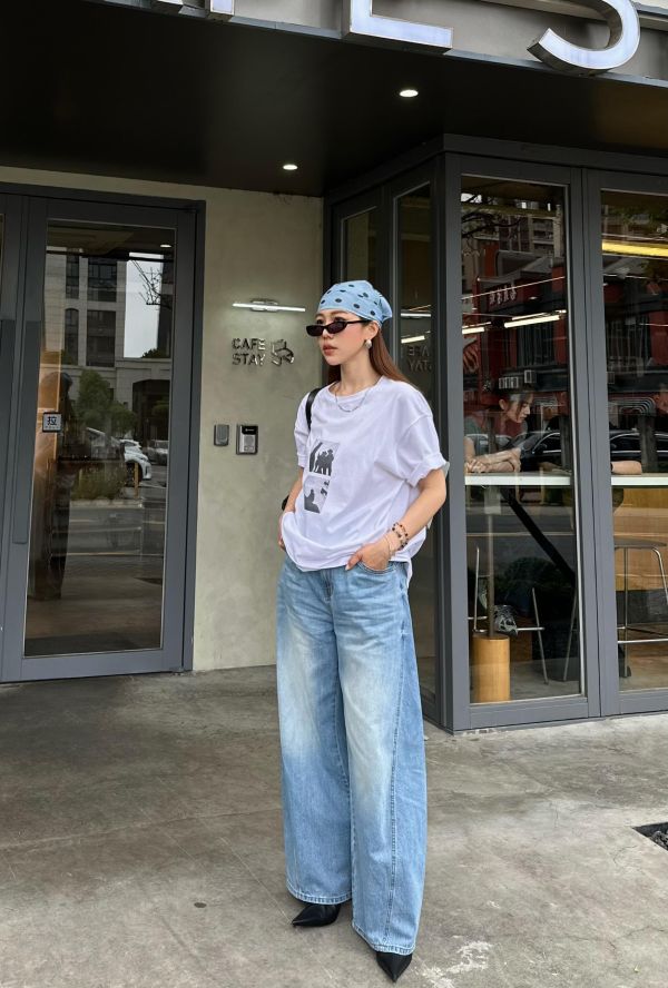 JP15 闆娘最愛 版型刷色完美斜壓線長腿牛仔褲(S/M) 