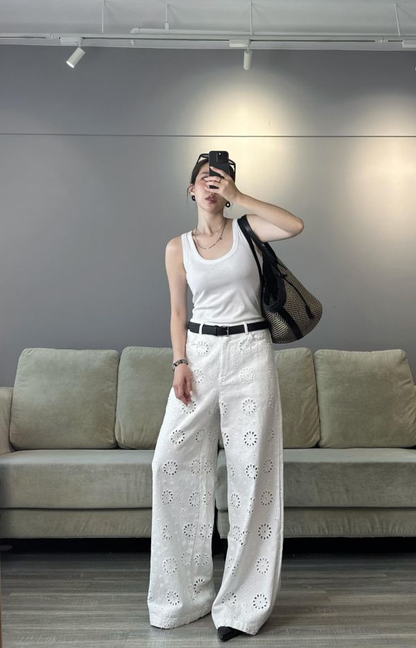 JP14 細緻時髦 簍空蕾絲白牛仔褲(附內裡，S/M) 