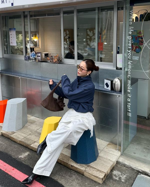 H14 鬆弛時髦 歐美兩穿純色滑布衫(藍) 