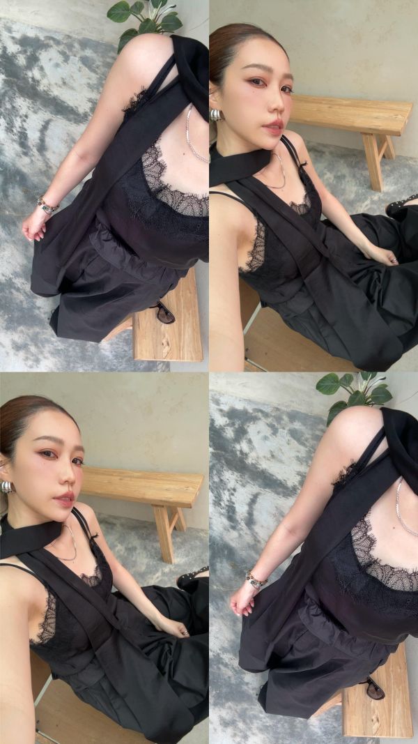 J19 繫帶細肩蕾絲背set(黑) 
