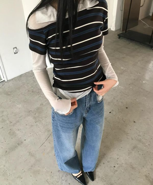 J08 誰穿誰漂亮 條文露肩衫 