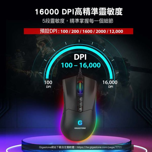 GIGASTONE GM-X061 RGB 高耐用電競滑鼠｜旗艦款 / 16000 DPI / 自訂按鍵10個 / 遊戲巨集 / 軟體控制 Gigastone,原相PMW高階感應器,遊戲體驗,最高16000 DPI,400 IPS,加速度50g,槍戰,團隊競技,遊戲使用