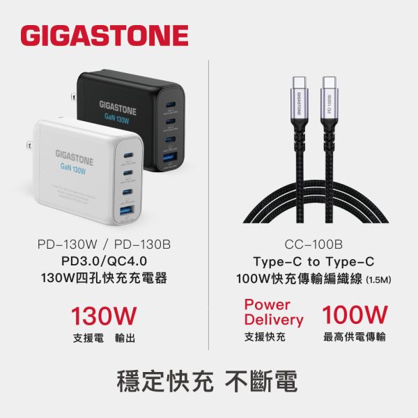GIGASTONE 130W GaN氮化鎵 四孔充電器 PD-130+CC-7800B｜適合 iPhone17/三星/安卓手機/平板/Mac筆電｜1年保固 Gigastone PD-130W, CtoC, 兼容, 體積小, 便攜,
雙USB-C, 支援PD/QC, 快充