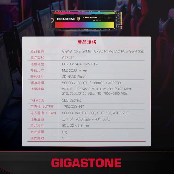 GIGASTONE 電競固態硬碟 SSD M.2 NVMe PCIe Gen4｜500GB/1TB/2TB 7000MB/s 適用筆電/桌機 PCle Gen3 SSD GT6470 2TB