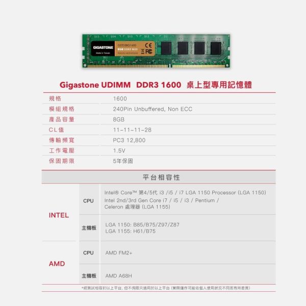 GIGASTONE DDR3 桌上型記憶體｜台灣製造 支援 Intel/AMD 平台 GIGASTONE DDR3 桌上型記憶體｜台灣製造 高相容 RAM 支援 Intel/AMD 平台 1600MHz 8GB 16GB 32GB