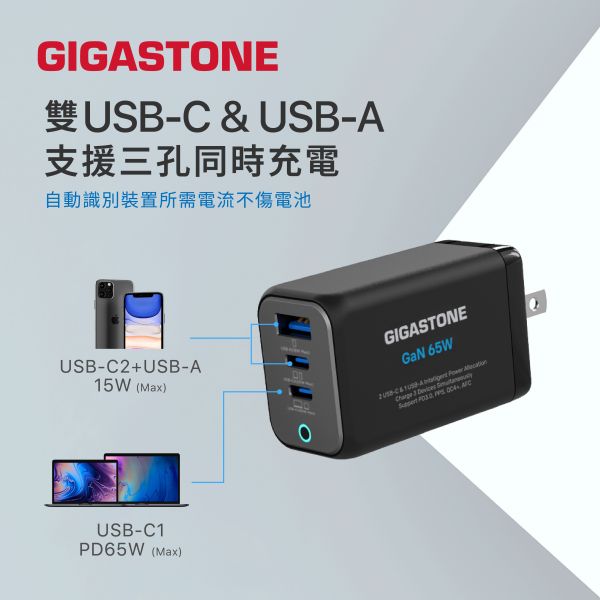 GIGASTONE 65W GaN氮化鎵三孔充電器 PD-765系列｜適合 iPhone17/三星/安卓手機/平板/Mac筆電｜1年保固 GIGASTONE,65W快充,GaN氮化鎵,氮化鎵充電器,多孔充電器,三孔充電器,2C1A充電頭,USB-C快充,USB-A快充,PD3.0快充,PPS快充,QC4.0快充,MacBook充電器,iPhone快充頭,iPad快速充電,三星45W快充,Galaxy閃電快充2.0,Huawei快充,ASUS快充,Switch充電器,100W 5A線材,折疊插頭,迷你快充頭,小體積大功率,旅行充電器,