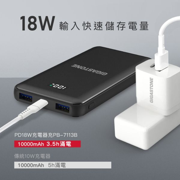 GIGASTONE 20W 雙向快充行動電源 10000mAh PB-7113B｜適用 iPhone/手機/Type-C PD行動充/PD3.0/QC4.0/台美日安規認證 Gigastone PB-7113B, PB-7113B, QC4.0, PD3.0, 10000mAh, 同時充三裝置