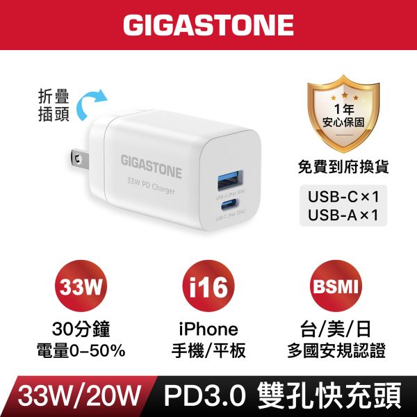 GIGASTONE 20W 快速雙孔充電器 PD3.0 QC3.0 PPS｜適用 iPhone/iPad/三星/華為/華碩/安卓手機 Type-C 快充頭｜1年保固 GIGASTONE 20W 快速雙孔充電器 PD3.0 QC3.0 PPS｜適用 iPhone/iPad/三星/華為/華碩｜1年保固