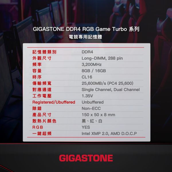 GIGASTONE DDR4 GAME TURBO 電競記憶體 3200MHz RGB｜8G/16G XMP超頻 桌機RAM DDR4,3200MHz,16GB/8GB,筆記型記憶體,1入組Gigastone,Intel,AMD,DRAM16GB,UDIMM,5年保固