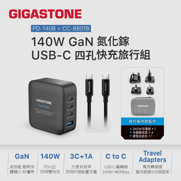 GIGASTONE 140W GaN 四孔充電器 PD-140B+CC-8801B｜附四國轉接頭＋收納包｜適合 iPhone17/MacBook/平板/安卓｜1年保固 GIGASTONE,140W快充,GaN氮化鎵,四孔充電器,3C1A,USB-C快充,USB-A快充,PD快充,PD3.1,PD3.0,PPS快充,QC快充,iPhone17快充,iPhone16充電器,MacBook充電器,筆電快充,雙筆電快充,240W編織線,Type-C編織線,5A快充線,旅行充電器,全球通用電壓100-240V,四國轉接頭,轉接插頭組,出國旅行充電器,收納包,旅用快充套組,