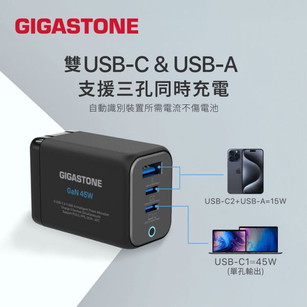 GIGASTONE 45W GaN氮化鎵 三孔快充電器 PD-7450｜適合 iPhone17/三星/安卓手機/平板/Mac筆電｜1年保固 GIGASTONE充電器,45W快充頭,GaN氮化鎵小體積,三孔USB充電器,PD快充頭,Type-C PD3.0充電器,iPhone 17專用快充,iPhone 16充電器,iPad Pro快充,MacBook Air 充電器,USB-C多口充電器,三孔快充頭,100-240V全球電壓,摺疊插頭充電器,USB-A QC快充,手機快速充電器,平板快充,Switch快充,iPhone原廠快充替代,安