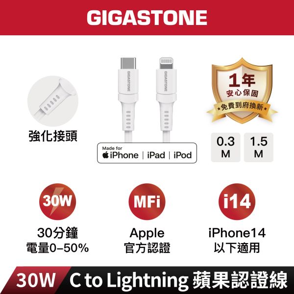 GIGASTONE Type-C to Lightning PD快充 MFi蘋果認證傳輸線 1.5m CL-7600W ｜適合 iPhone14/13/12/11充電 GIGASTONE Type-C to Lightning PD快充 MFi蘋果認證傳輸線 1.5m CL-7600W ｜適合 iPhone14/13/12/11充電