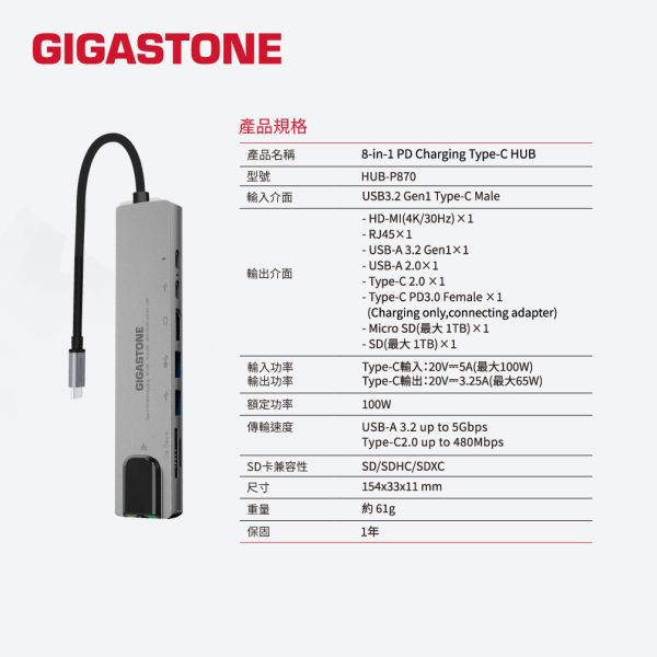 GIGASTONE 八合一 USB-C 多功能集線器 Hub｜支援4K影像 / 100W 快充 / USB 擴充 / 讀卡機 /標準網路接口 Gigastone HUB-P870,  HUB-P870,  Type-C, 100W輸入, Switch, 手機轉大螢幕, 4K, 高畫質, 7合1, 多功能, PD充電, Type-C HUB集線器,  HUB, 集線器, USB, USB HUB,
