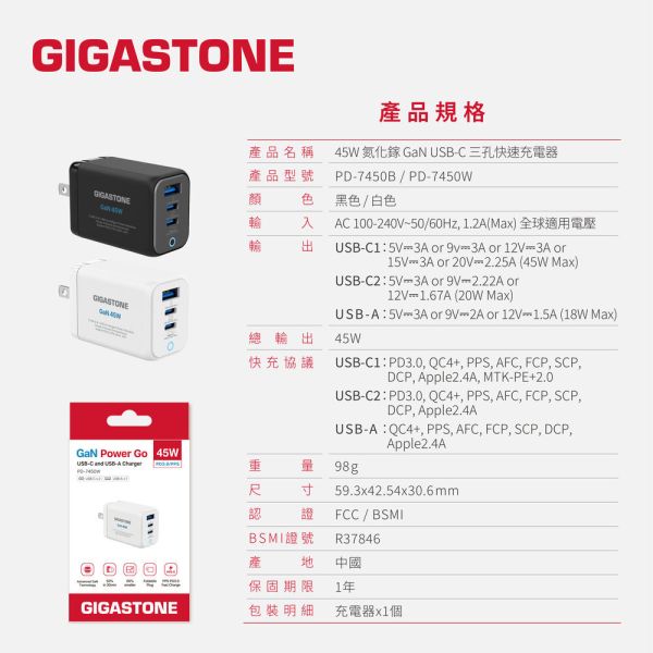 GIGASTONE 45W GaN氮化鎵 三孔快充電器 PD-7450｜適合 iPhone17/三星/安卓手機/平板/Mac筆電｜1年保固 GIGASTONE充電器,45W快充頭,GaN氮化鎵小體積,三孔USB充電器,PD快充頭,Type-C PD3.0充電器,iPhone 17專用快充,iPhone 16充電器,iPad Pro快充,MacBook Air 充電器,USB-C多口充電器,三孔快充頭,100-240V全球電壓,摺疊插頭充電器,USB-A QC快充,手機快速充電器,平板快充,Switch快充,iPhone原廠快充替代,安