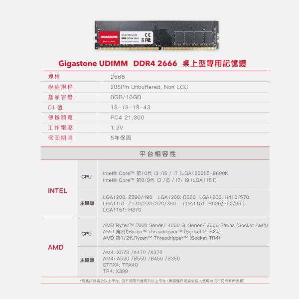 GIGASTONE DDR4 桌上型記憶體 2666/3200MHz｜16GB/8GB 台灣製造 桌機RAM DDR4,3200MHz,32GB,桌上型記憶體,2入組Gigastone,Intel,AMD,DRAM16GB,UDIMM,5年保固