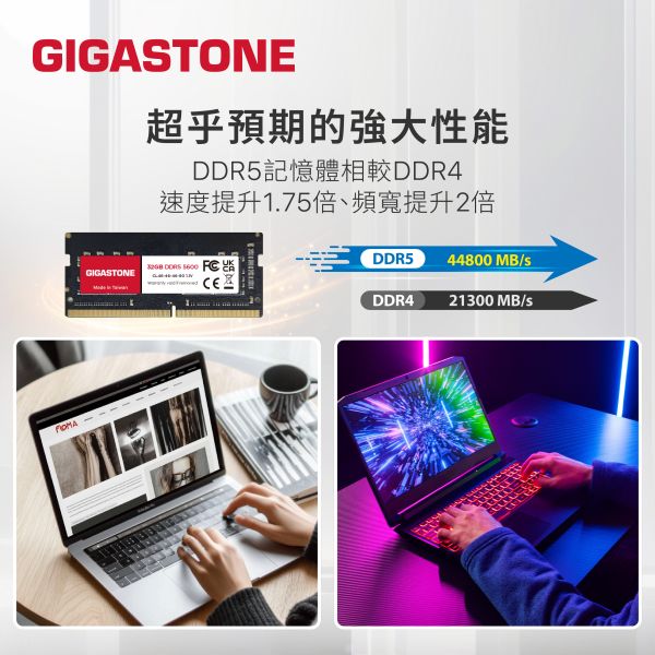 GIGASTONE DDR5 筆記型記憶體 4800/5600MHz｜16GB/32GB 台灣製造  RAM 支援 Intel/AMD/iMac 筆電 DDR5 SO-DIMM, 262 pin 1.1V 16GB / 32GB Single Channel Dual Channel Unbuffered On-Die ECC CL40 原生 38,400MB/s PC5-38400