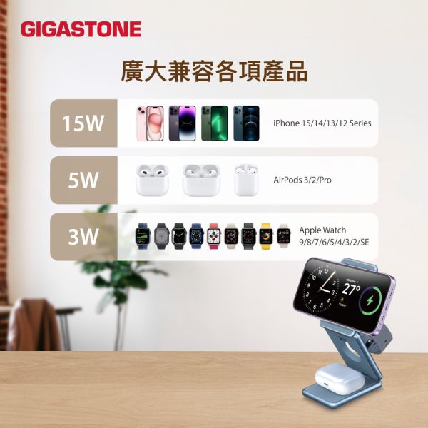 三合一 23W折疊式磁吸無線充電座 WP-9330G(MagSafe快充) Gigastone,無線充電盤,充電盤,iPhone,無線充電,Airpods,Apple Watch,Apple,Android,20W,15W,5W,Wireless,無線充電座,亞果,Adam store,adam