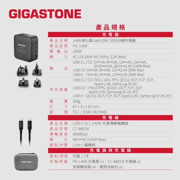GIGASTONE 140W GaN 四孔充電器 PD-140B+CC-8801B｜附四國轉接頭＋收納包｜適合 iPhone17/MacBook/平板/安卓｜1年保固 GIGASTONE,140W快充,GaN氮化鎵,四孔充電器,3C1A,USB-C快充,USB-A快充,PD快充,PD3.1,PD3.0,PPS快充,QC快充,iPhone17快充,iPhone16充電器,MacBook充電器,筆電快充,雙筆電快充,240W編織線,Type-C編織線,5A快充線,旅行充電器,全球通用電壓100-240V,四國轉接頭,轉接插頭組,出國旅行充電器,收納包,旅用快充套組,